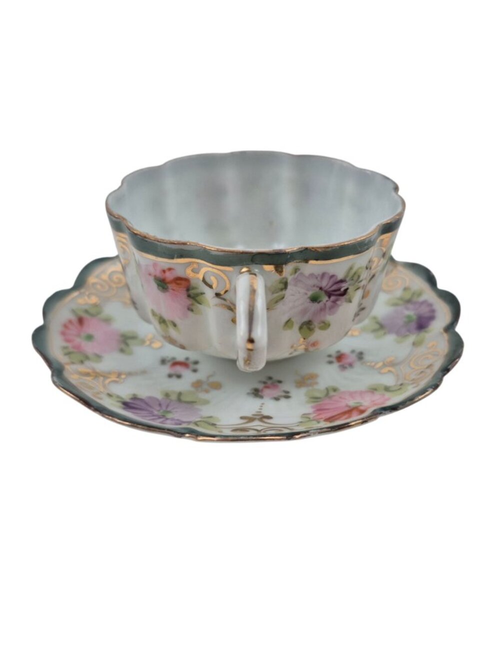 Tea Cup Saucer Set Porcelain Pink Purple Floral Design Green Trim Gold Accents - Picture 6 of 10
